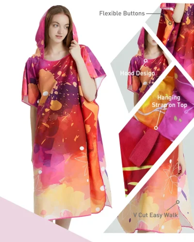 Womens Poncho Towel-CRIMSON FLOWER- Quick-Dry  Microfiber