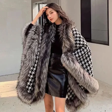 Womens Poncho UK -Fashion Houndstooth