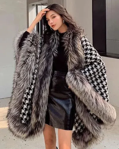 Womens Poncho UK -Fashion Houndstooth